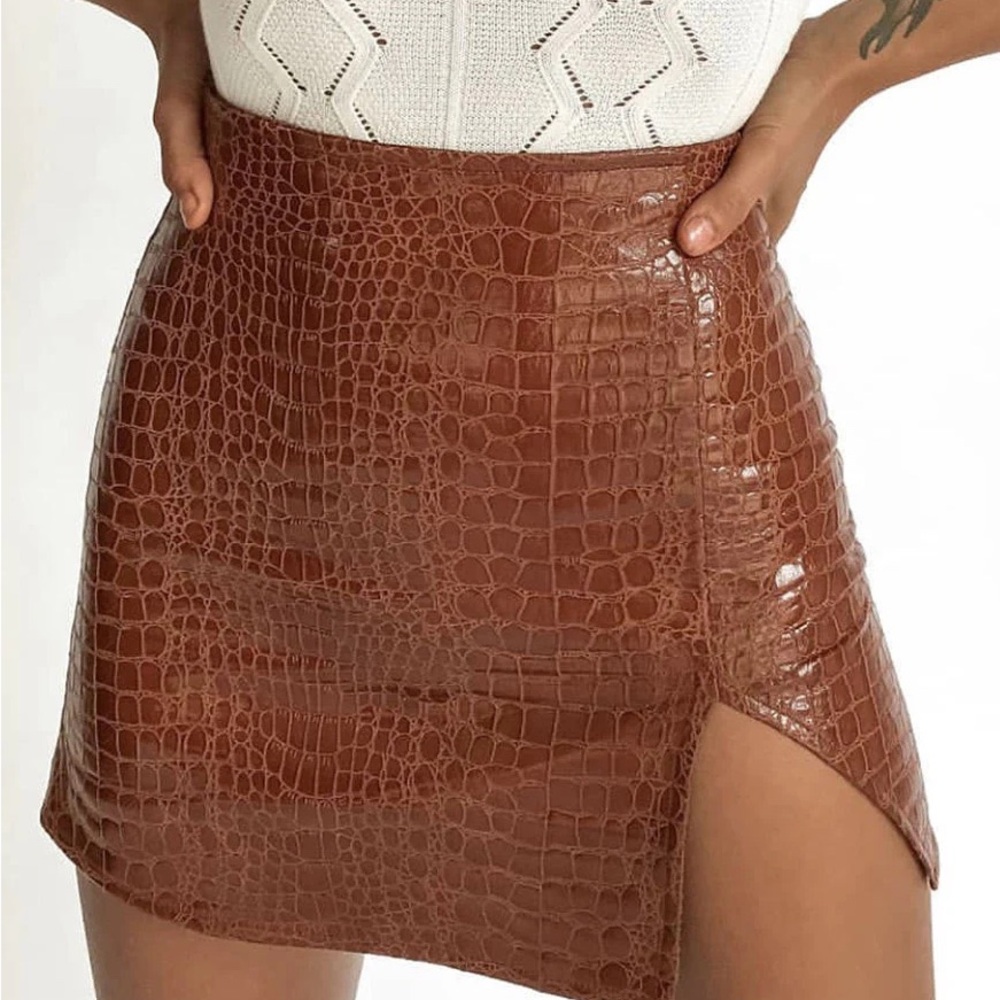 Motel Rocks Brown Crocodile Patent Pencil Skirt
